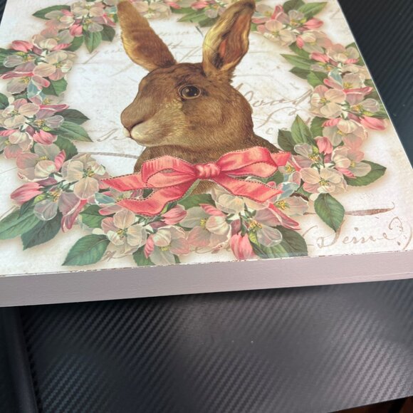 Spring Rabbit Print Box Shelf Sitter Shabby Chic Hare Easter Wreath Pink Bow - Picture 5 of 10